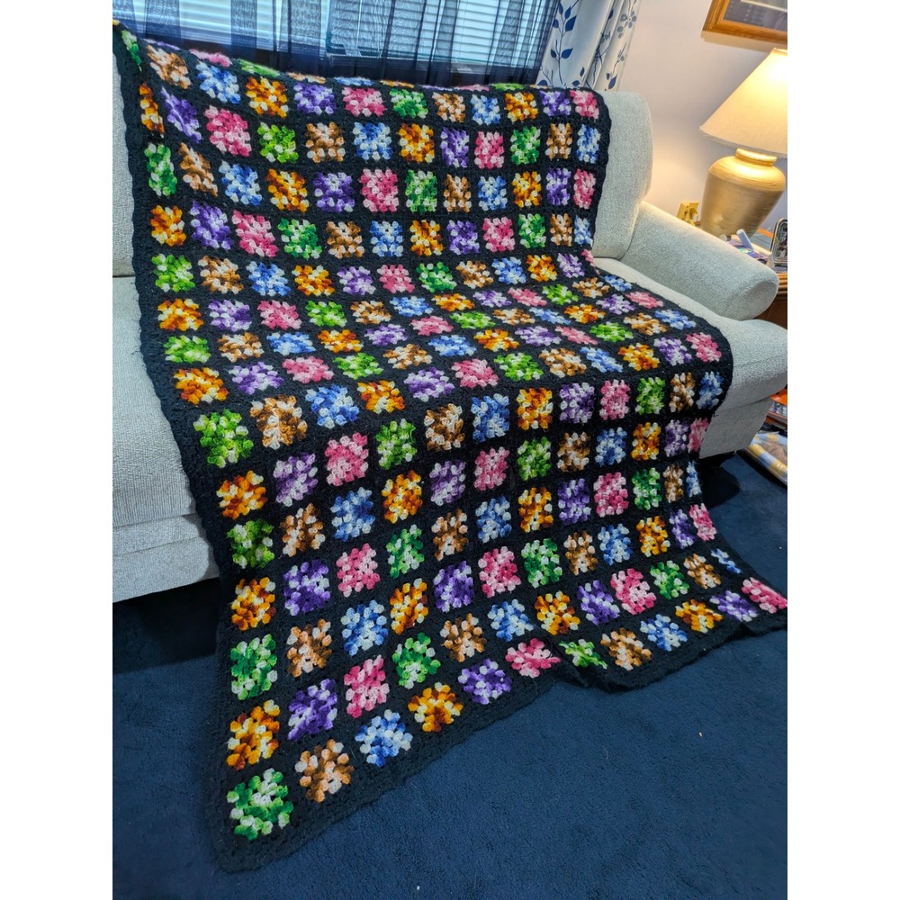 Vintage Handmade Crochet Granny Square Afghan Blanket‎ Black Multi Large Throw